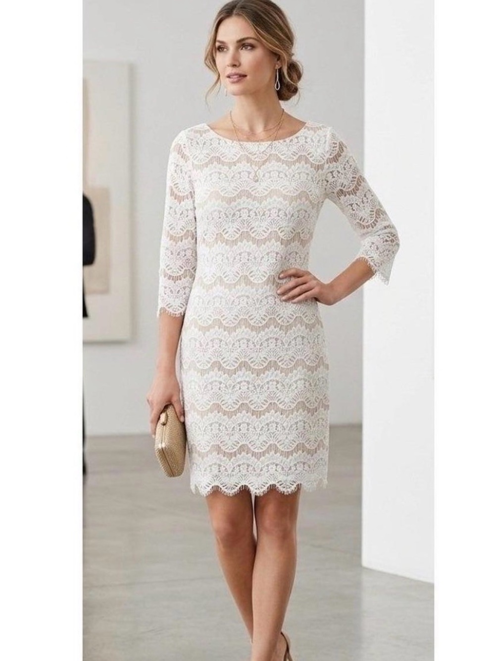 Jessica Howard White Lace Midi Sheath Dress with Nude Underlay - Size 10